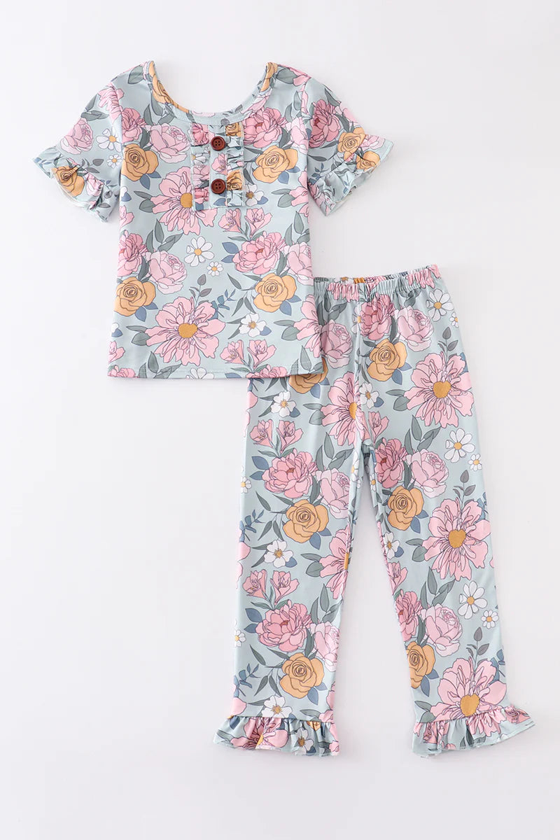 Pink Floral Print Ruffle Pajamas