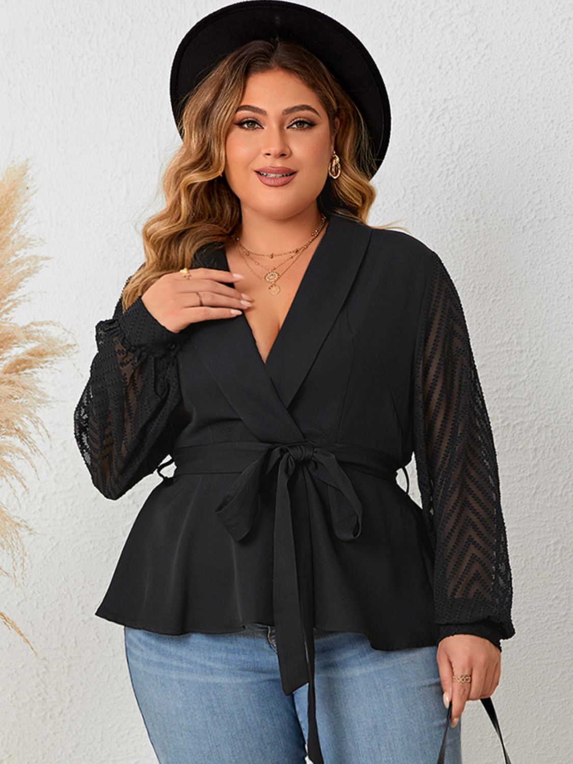 Plus Size Tie Waist Long Sleeve Blouse