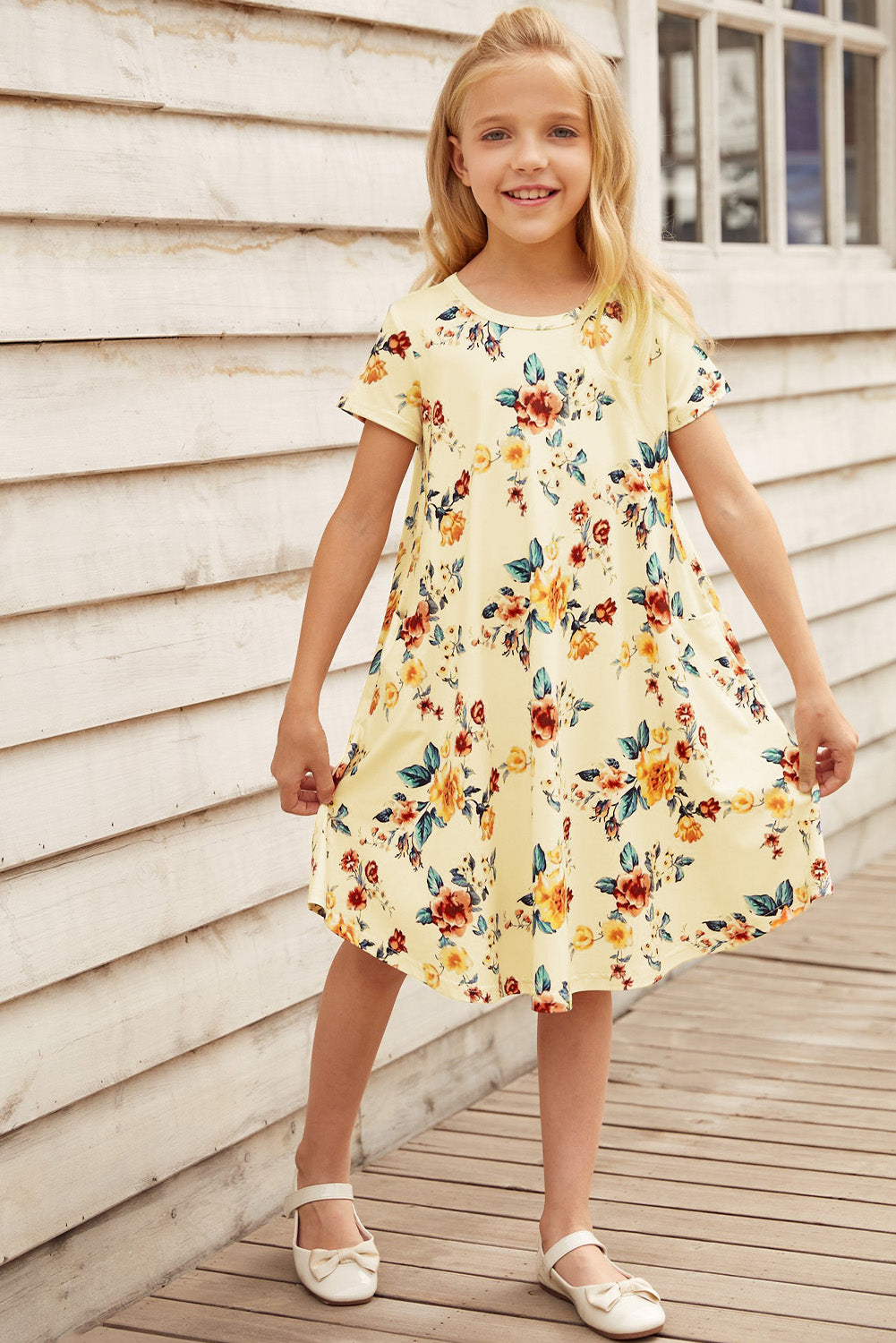 Girls Floral Round Neck Short Sleeve Dress with Pockets