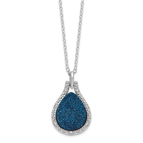 Sterling Silver Cobalt Druzy Quartz and Diamond Necklace