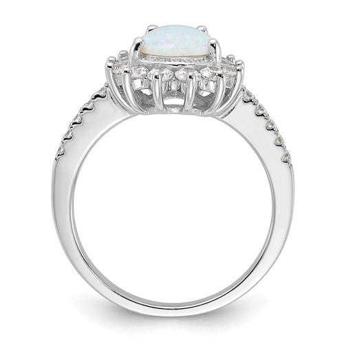 Sterling Silver Rhodium-plated Cabochon Lab Created Opal and Brilliant-cut CZ Teardrop Halo Ring