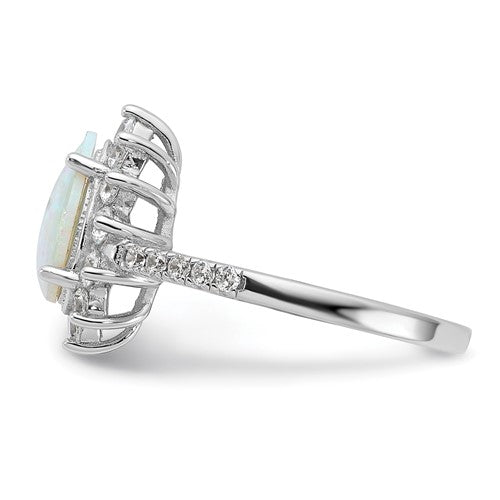 Sterling Silver Rhodium-plated Cabochon Lab Created Opal and Brilliant-cut CZ Teardrop Halo Ring