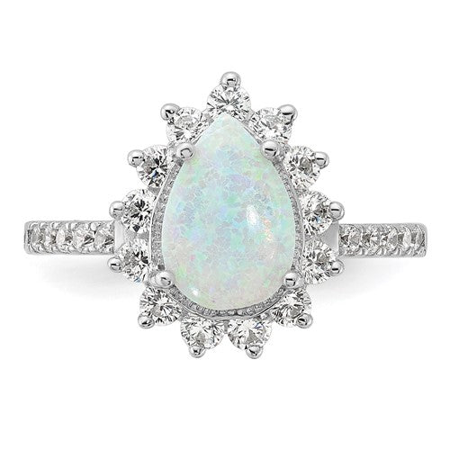 Sterling Silver Rhodium-plated Cabochon Lab Created Opal and Brilliant-cut CZ Teardrop Halo Ring