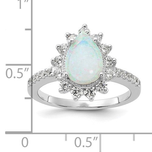 Sterling Silver Rhodium-plated Cabochon Lab Created Opal and Brilliant-cut CZ Teardrop Halo Ring