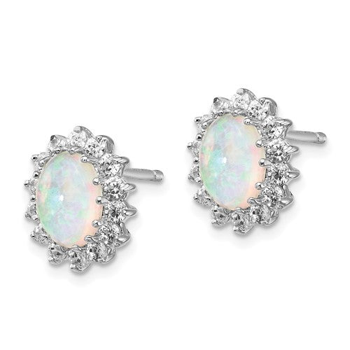 Sterling Silver Rhodium-plated Cabochon Lab Created Opal and Brilliant-cut CZ Oval Halo Post Earrings