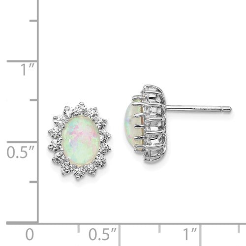 Sterling Silver Rhodium-plated Cabochon Lab Created Opal and Brilliant-cut CZ Oval Halo Post Earrings