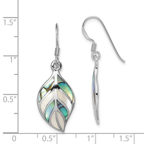 Sterling Silver Rhodium Leaf MOP and Abalone Dangle Earrings