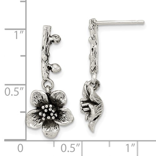 Sterling Silver Oxidized Flower with Branch Dangle Post Earrings