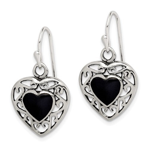 Sterling Silver Antiqued Onyx Heart Dangle Earrings