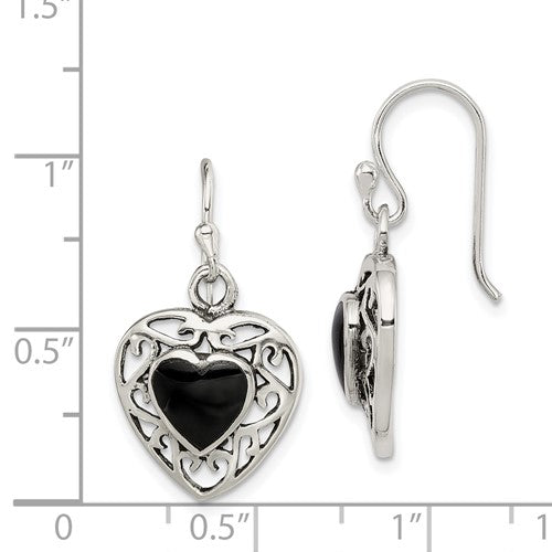 Sterling Silver Antiqued Onyx Heart Dangle Earrings