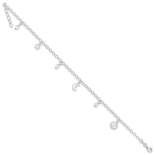 Sterling Silver Polished Sun Moon and Stars 9in Plus 1in Ext. Anklet