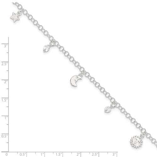 Sterling Silver Polished Sun Moon and Stars 9in Plus 1in Ext. Anklet