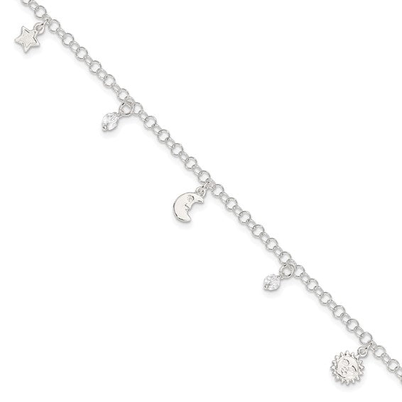 Sterling Silver Polished Sun Moon and Stars 9in Plus 1in Ext. Anklet