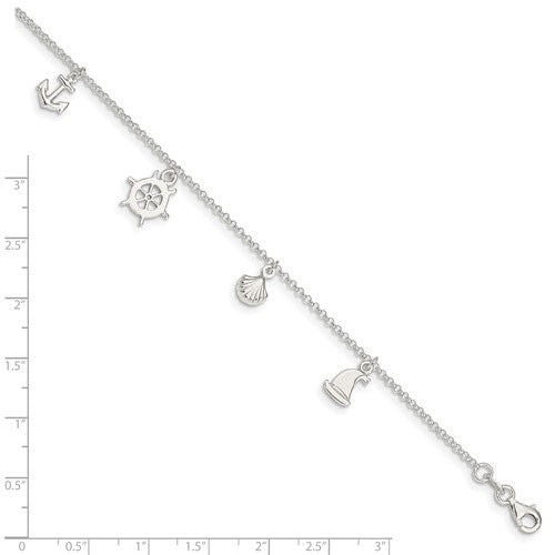 Sterling Silver Polished Ocean Theme 9in Plus 1in Ext. Anklet