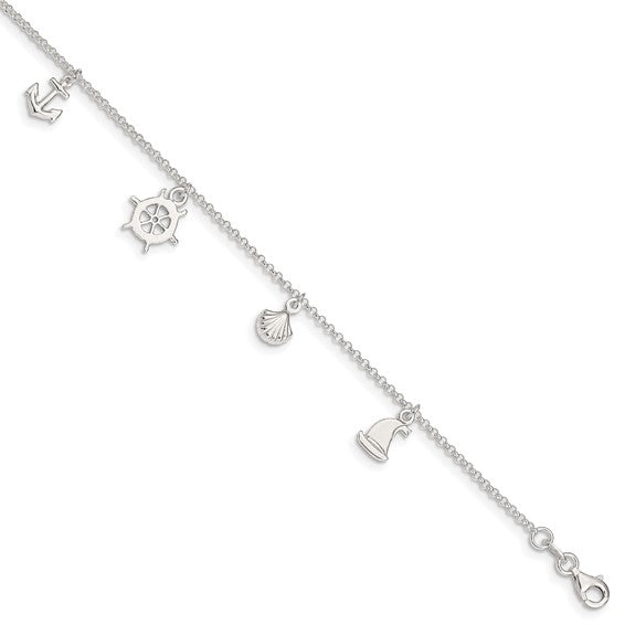 Sterling Silver Polished Ocean Theme 9in Plus 1in Ext. Anklet