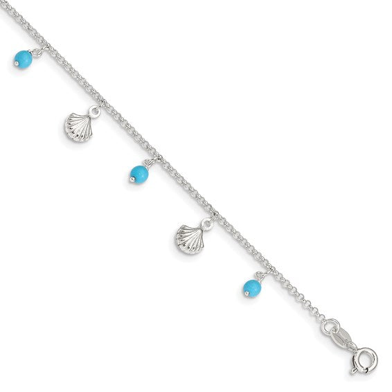 Sterling Silver Polished Shell and Turquoise 8in Plus 1in Ext. Anklet