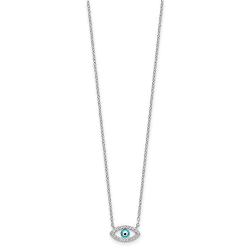 Sterling Silver Rhodium-plated Enamel Eye with CZ Necklace