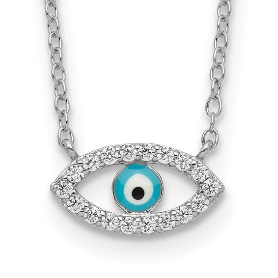 Sterling Silver Rhodium-plated Enamel Eye with CZ Necklace