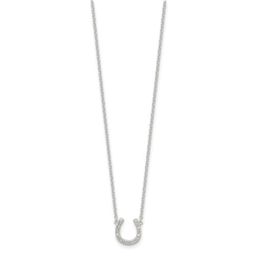 Sterling Silver Polished CZ Horseshoe with 1 inch ext Necklace