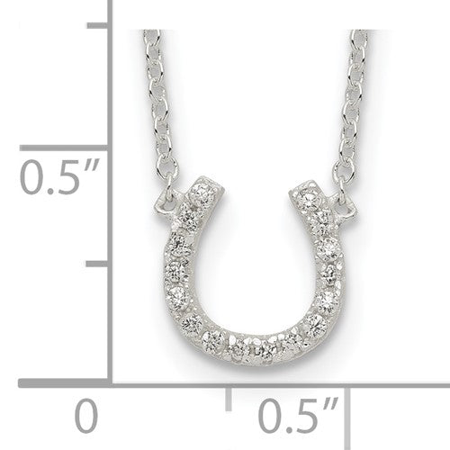 Sterling Silver Polished CZ Horseshoe with 1 inch ext Necklace