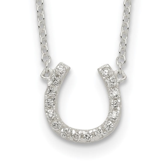 Sterling Silver Polished CZ Horseshoe with 1 inch ext Necklace