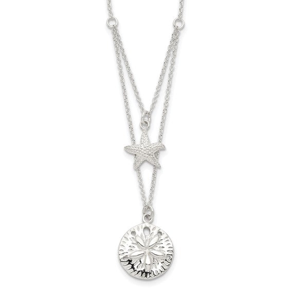 Sterling Silver Starfish and Sand Dollar 18 inch 2-strand Necklace