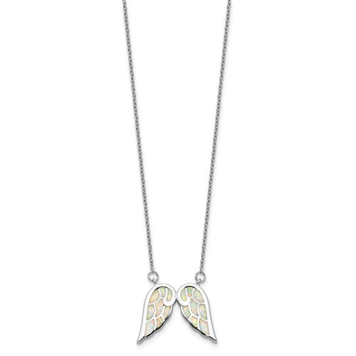 Sterling Silver Rhod-plated Created Opal Wings with 1.5in ext Necklace