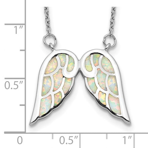 Sterling Silver Rhod-plated Created Opal Wings with 1.5in ext Necklace