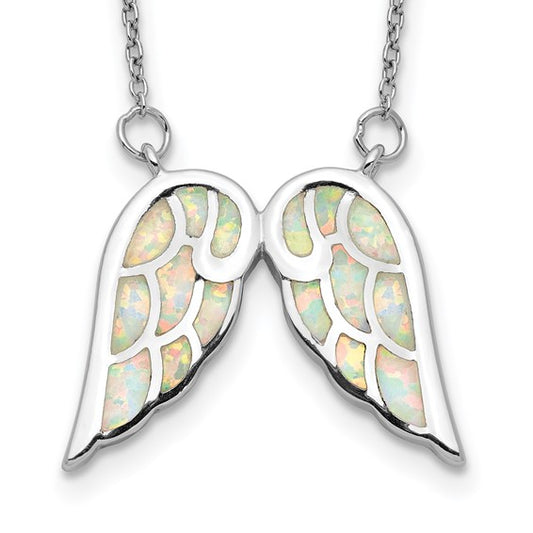 Sterling Silver Rhod-plated Created Opal Wings with 1.5in ext Necklace