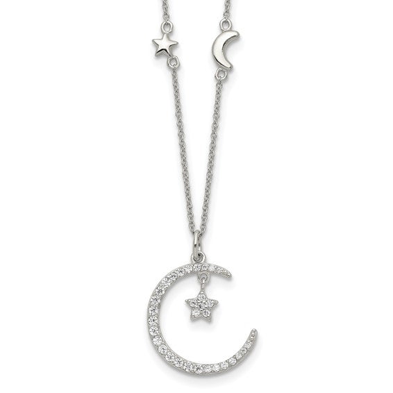 Sterling Silver CZ Moon and Star Necklace