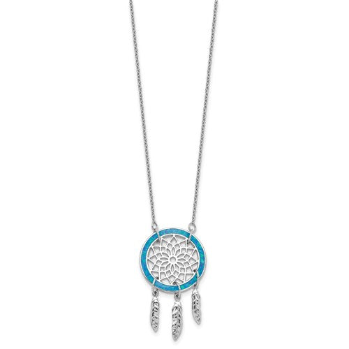 Sterling Silver Created Opal Dream Catcher with 2in ext. Necklace