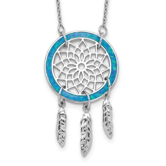 Sterling Silver Created Opal Dream Catcher with 2in ext. Necklace