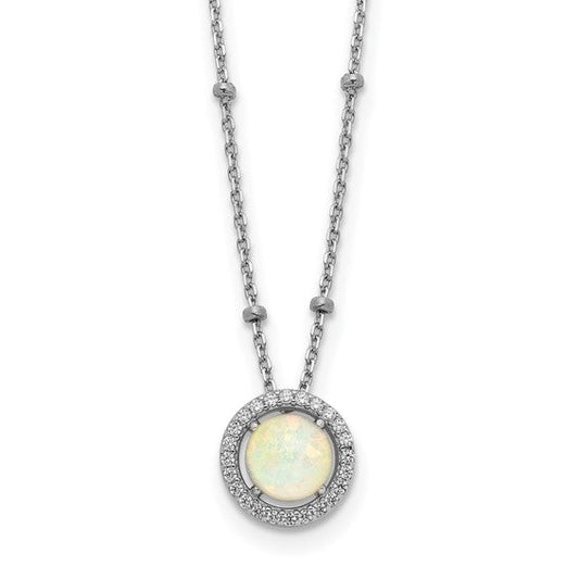 Sterling Silver RH-plated White Created Opal CZ Beaded with 2 in ext. Necklace