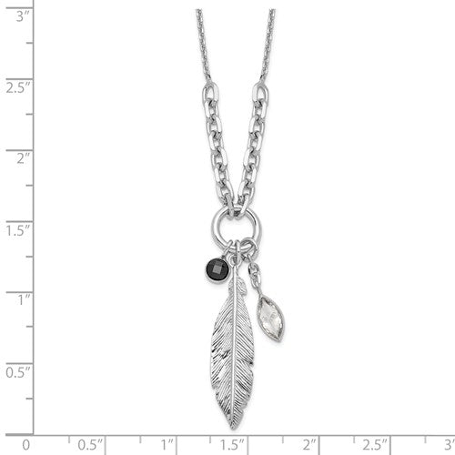 Sterling Silver Rhodium-plated Feather and CZ with 1 in Ext Necklace