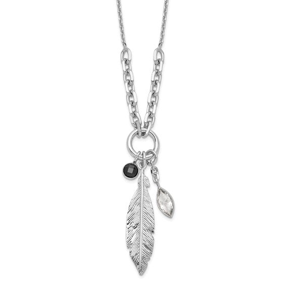 Sterling Silver Rhodium-plated Feather and CZ with 1 in Ext Necklace