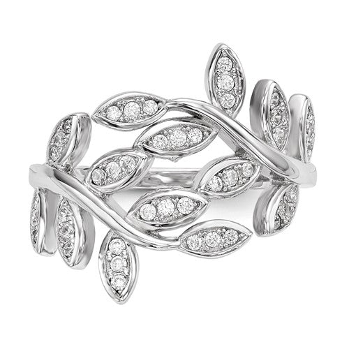 Sterling Silver Rhodium-plated Leaf CZ Ring