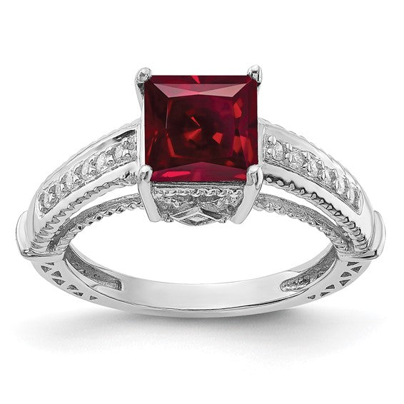 Sterling Silver Rhodium-plated Synthetic Ruby and CZ Ring