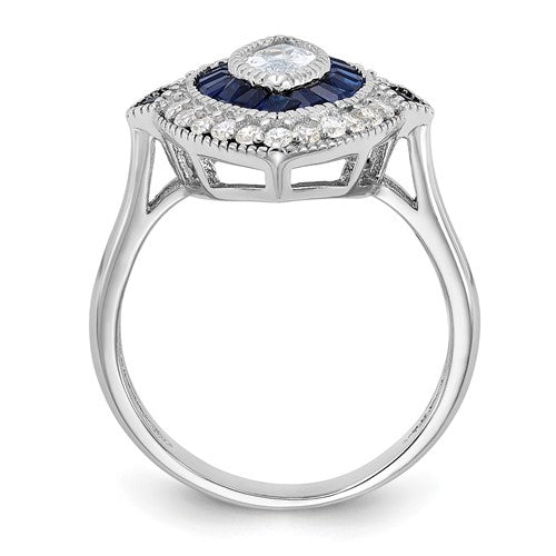 Sterling Silver Rhodium-plated CZ and Synthetic Blue Spinel Ring