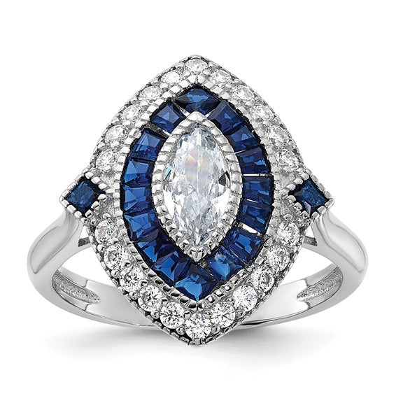 Sterling Silver Rhodium-plated CZ and Synthetic Blue Spinel Ring