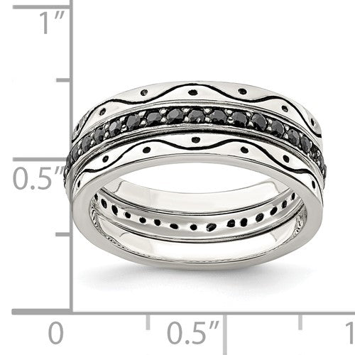 Sterling Silver Three Piece Set Antiqued and Black CZ Bands