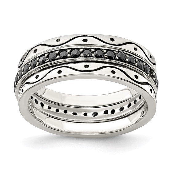 Sterling Silver Three Piece Set Antiqued and Black CZ Bands