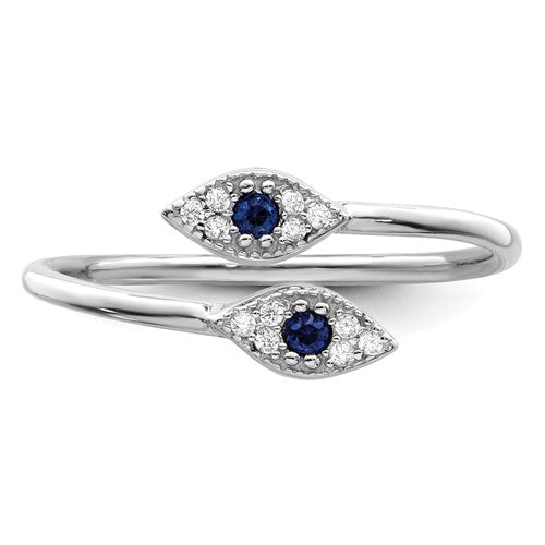 Sterling Silver Rhodium-plated Polished Blue and White CZ Eye Adjustable Ring