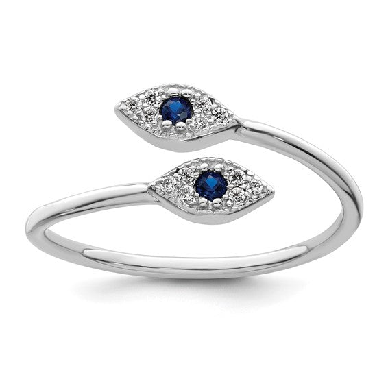 Sterling Silver Rhodium-plated Polished Blue and White CZ Eye Adjustable Ring