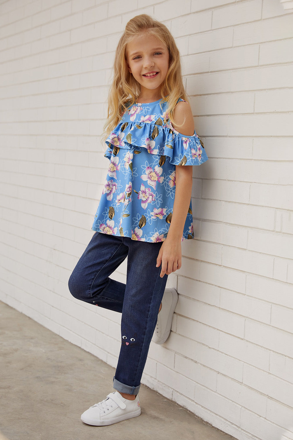 Girls Floral Cold-Shoulder Ruffled Top