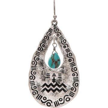 Silver Turquoise Bead Engraved Teardrop Earring